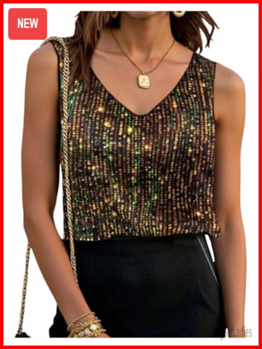 Women's Sequin V-Neck Tank Top Sparkly Casual Party Top